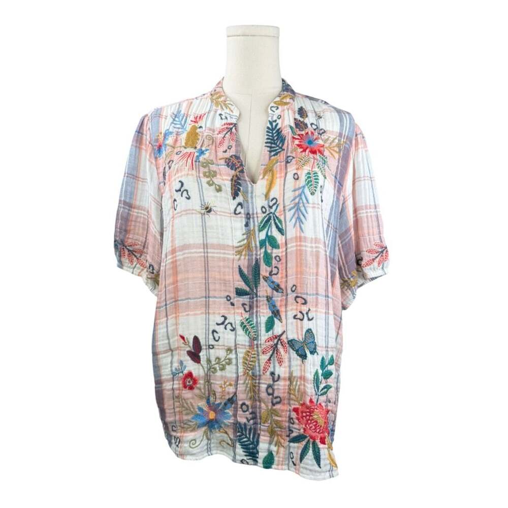 Johnny Was Workshop Embroidered Plaid Blouse Top Size S